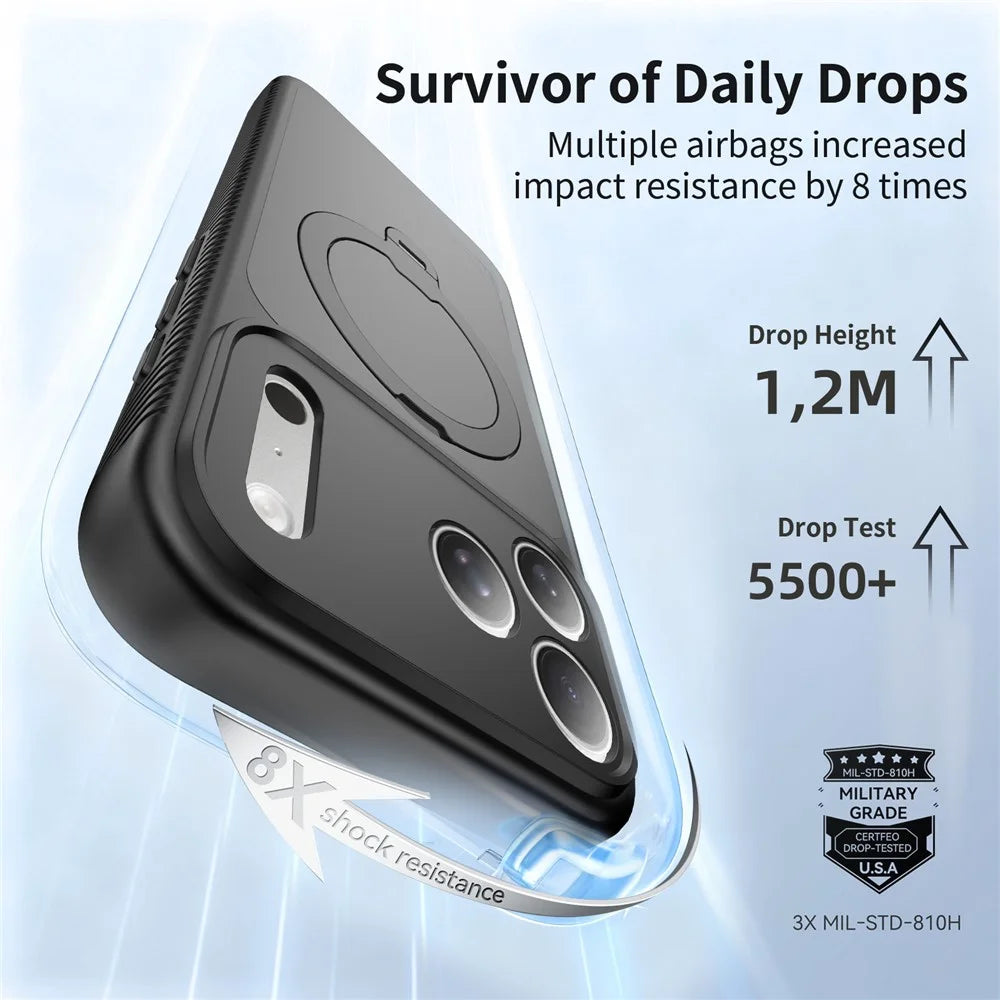 For iPhone 17 Pro Magnetic Case Matte TPU Shockproof Phone Cover with Kickstand and Tempered Glass - Black - 3