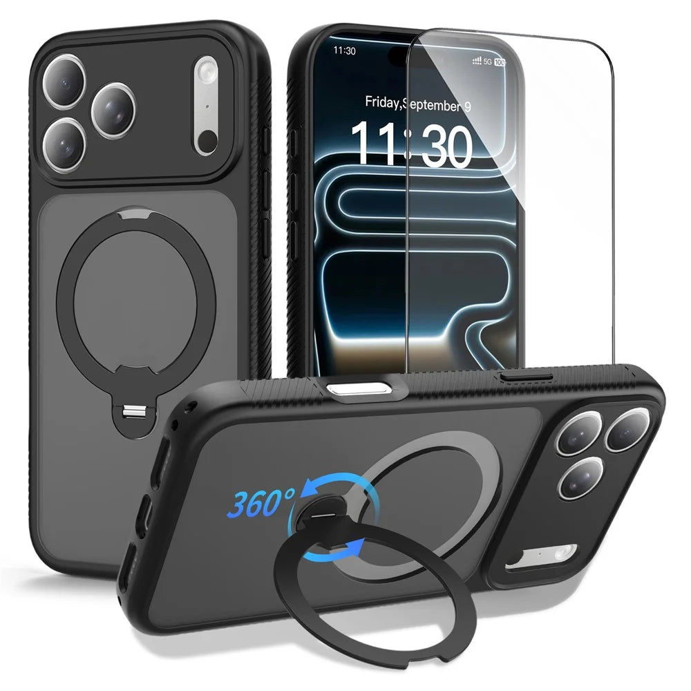For iPhone 17 Pro Max Magnetic Case Matte TPU Shockproof Phone Cover with Kickstand and Tempered Glass - Black - 1