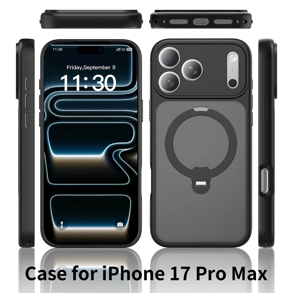 For iPhone 17 Pro Max Magnetic Case Matte TPU Shockproof Phone Cover with Kickstand and Tempered Glass - Black - 2