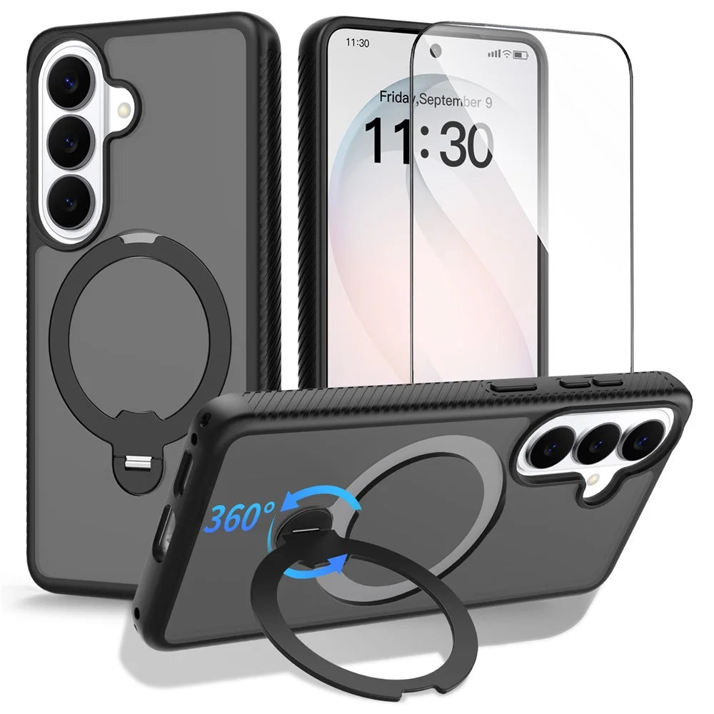 For Samsung Galaxy S26 Magnetic Case Matte Liquid Silicone TPU Shockproof Phone Cover with Kickstand and Tempered Glass - Black - 1