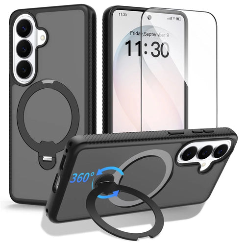 For Samsung Galaxy S26 Magnetic Case Matte Liquid Silicone TPU Shockproof Phone Cover with Kickstand and Tempered Glass - Black - 1