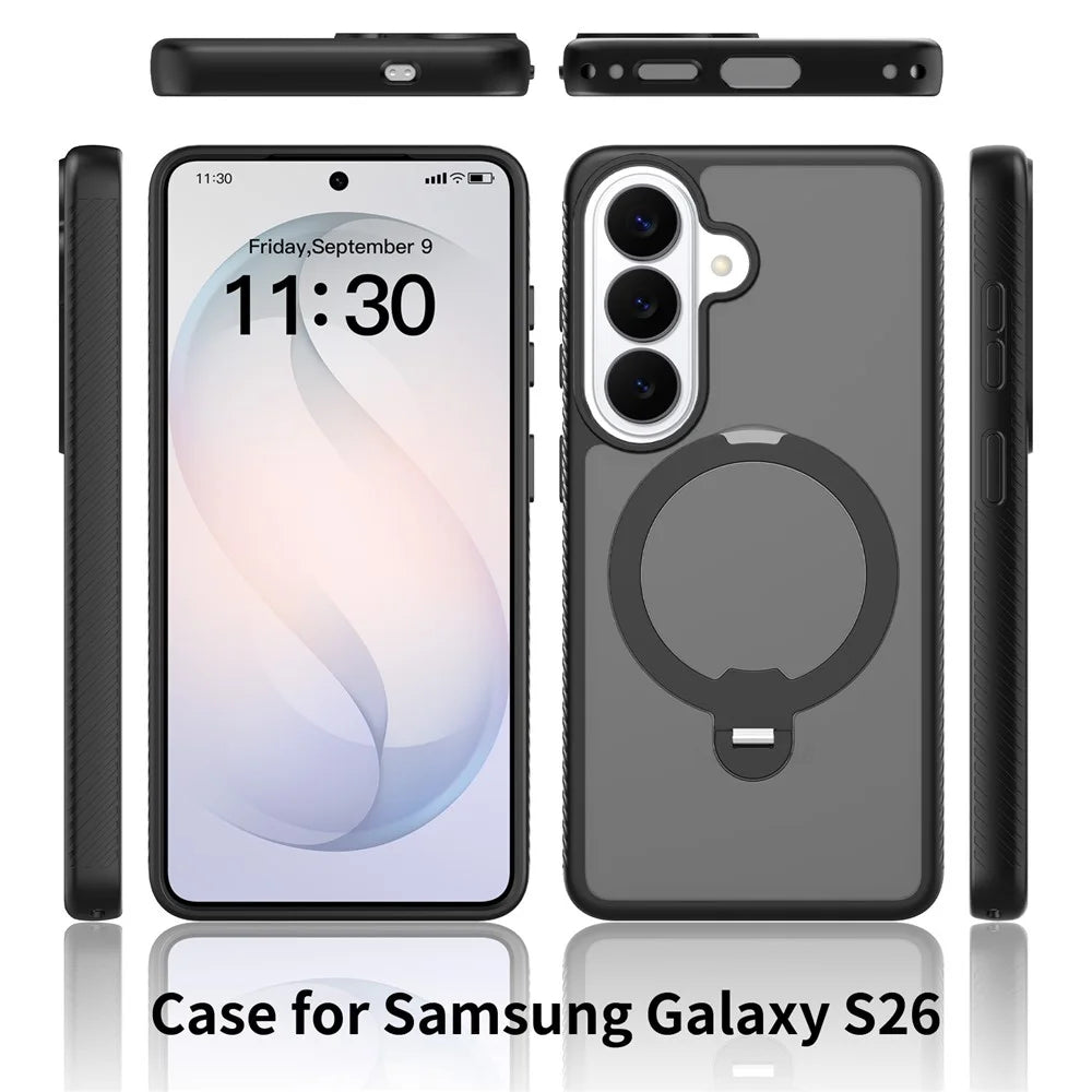 For Samsung Galaxy S26 Magnetic Case Matte Liquid Silicone TPU Shockproof Phone Cover with Kickstand and Tempered Glass - Black - 2