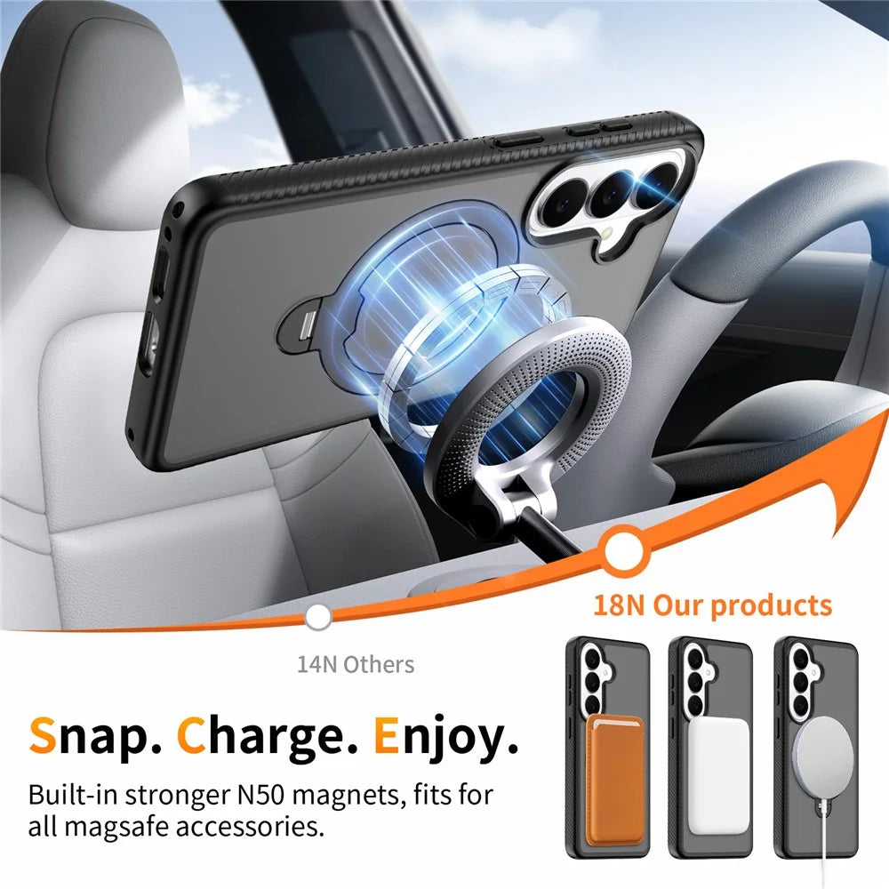 For Samsung Galaxy S26 Magnetic Case Matte Liquid Silicone TPU Shockproof Phone Cover with Kickstand and Tempered Glass - Black - 6