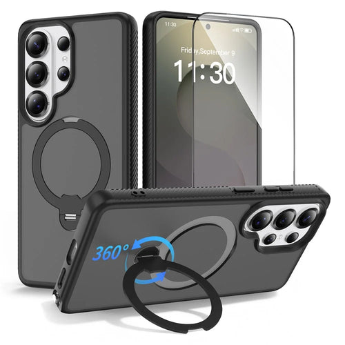 For Samsung Galaxy S26 Ultra Magnetic Case Matte Liquid Silicone TPU Shockproof Phone Cover with Kickstand and Tempered Glass - Black - 1