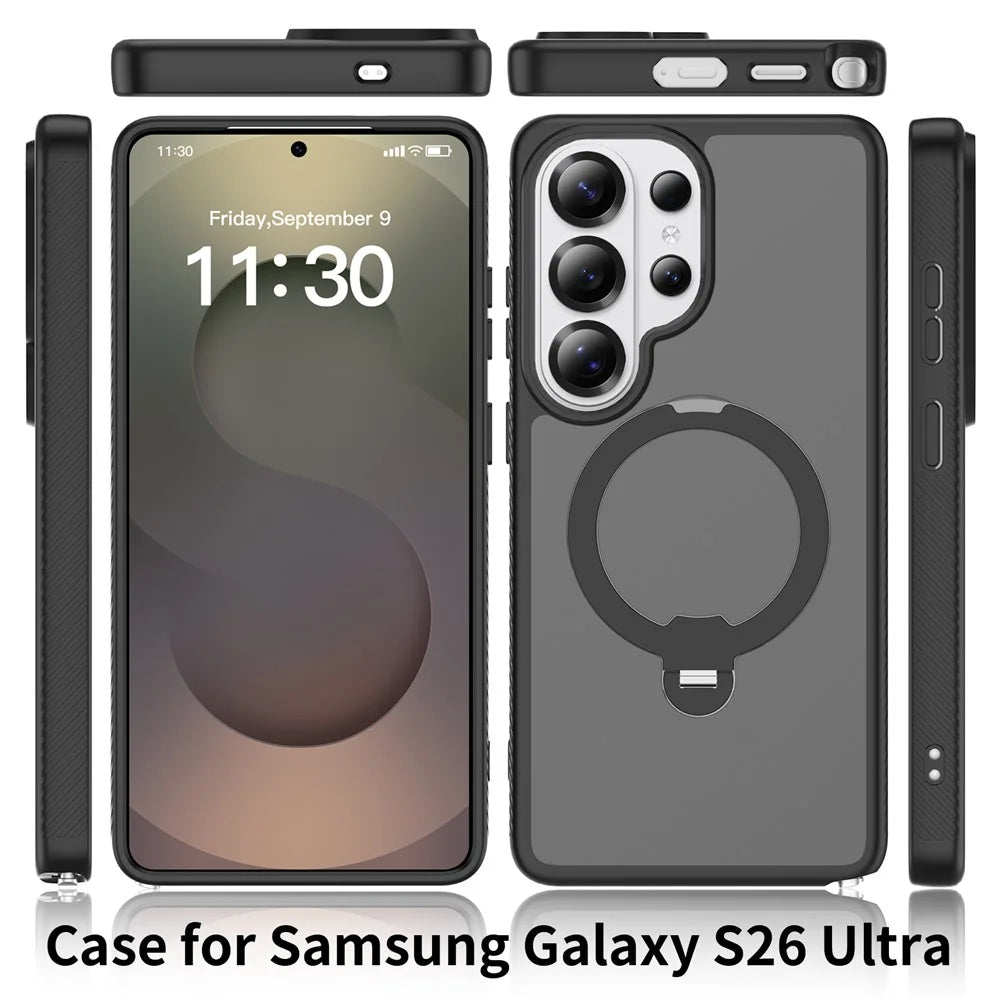 For Samsung Galaxy S26 Ultra Magnetic Case Matte Liquid Silicone TPU Shockproof Phone Cover with Kickstand and Tempered Glass - Black - 2