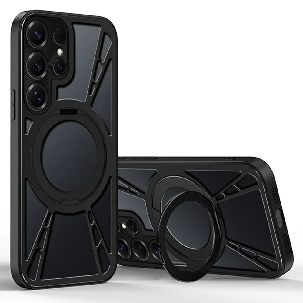 For Samsung Galaxy S26 Ultra Case Magnetic Kickstand Hollow Heat Dissipation Silicone + PC + Metal Bumper Phone Cover - Black - 1