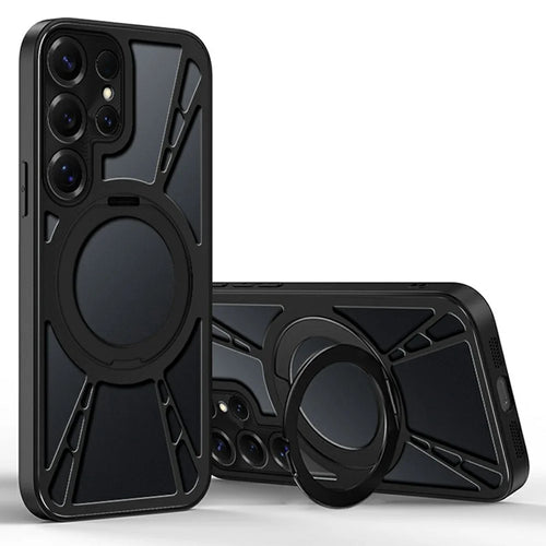 For Samsung Galaxy S26 Ultra Case Magnetic Kickstand Hollow Heat Dissipation Silicone + PC + Metal Bumper Phone Cover - Black - 1