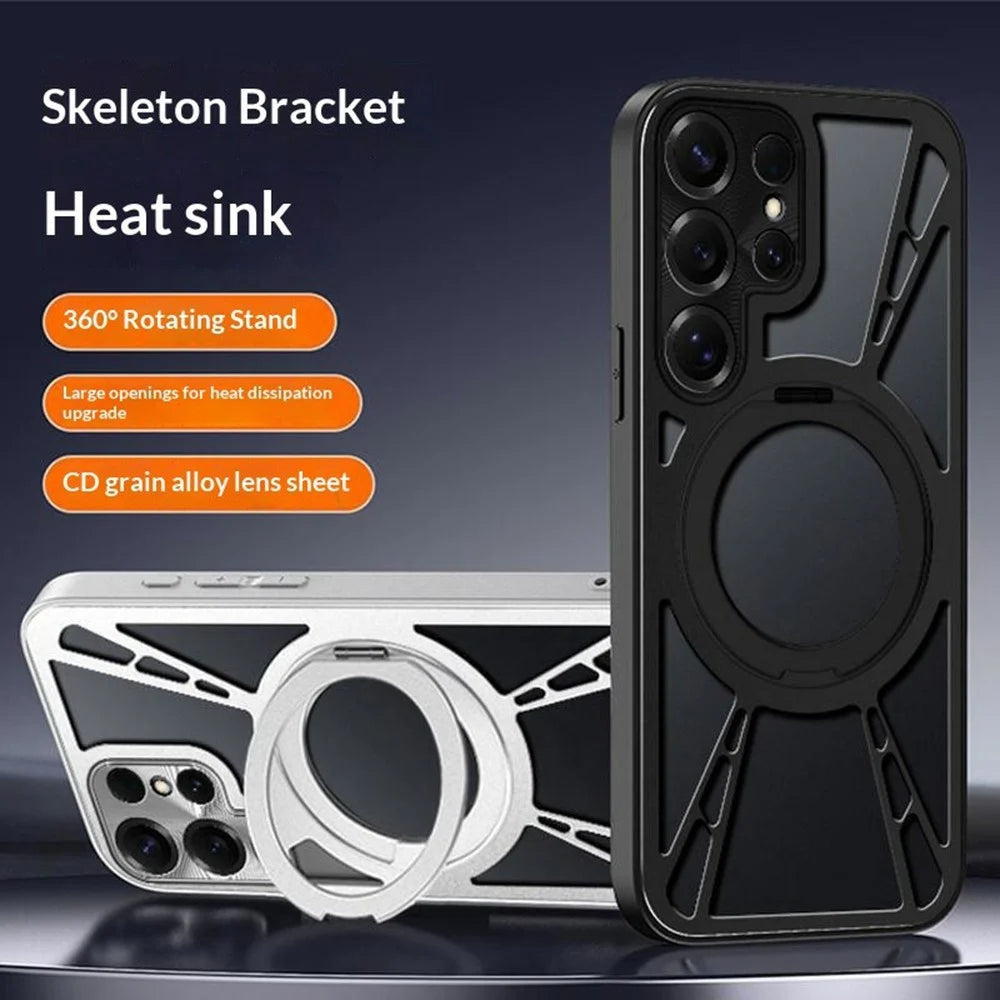 For Samsung Galaxy S26 Ultra Case Magnetic Kickstand Hollow Heat Dissipation Silicone + PC + Metal Bumper Phone Cover - Black - 2