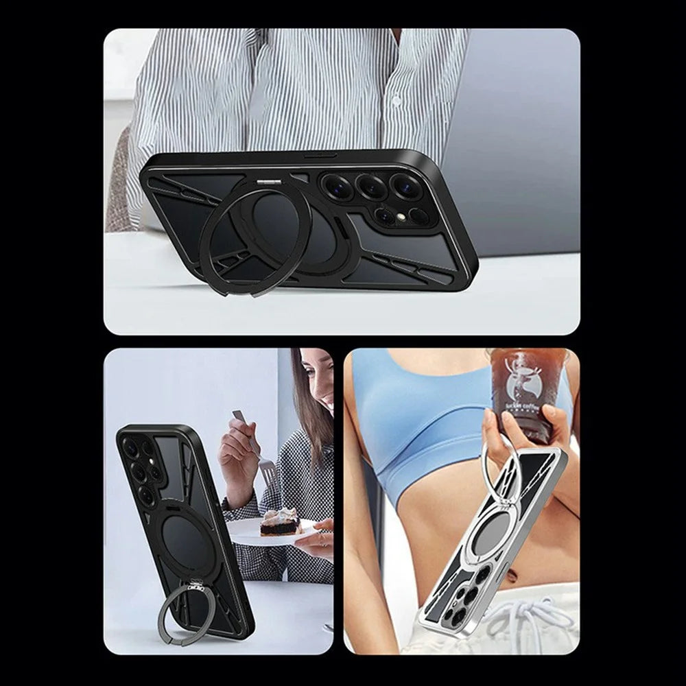 For Samsung Galaxy S26 Ultra Case Magnetic Kickstand Hollow Heat Dissipation Silicone + PC + Metal Bumper Phone Cover - Black - 5