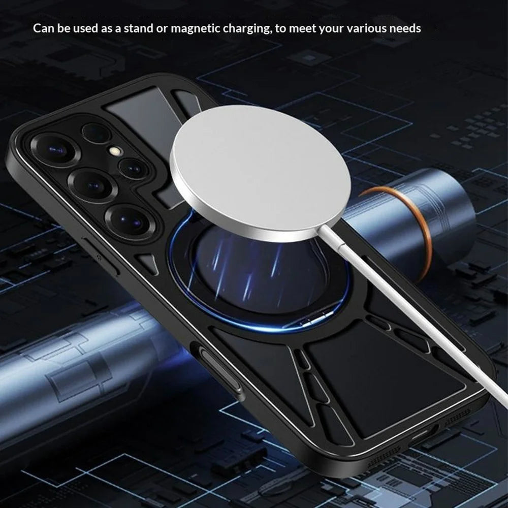 For Samsung Galaxy S26 Ultra Case Magnetic Kickstand Hollow Heat Dissipation Silicone + PC + Metal Bumper Phone Cover - Black - 6