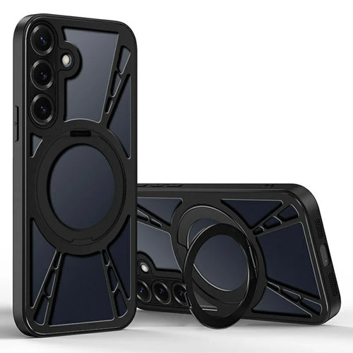 For Samsung Galaxy S26 Case Magnetic Kickstand Hollow Heat Dissipation Silicone + PC + Metal Bumper Phone Cover - Black - 1