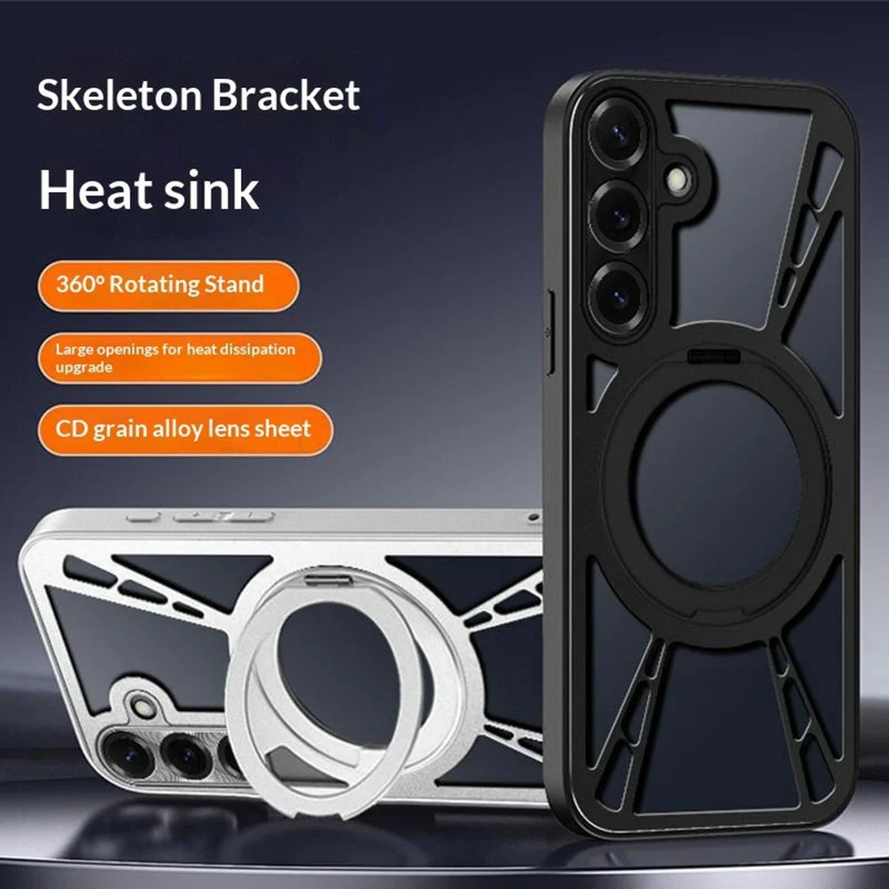 For Samsung Galaxy S26 Case Magnetic Kickstand Hollow Heat Dissipation Silicone + PC + Metal Bumper Phone Cover - Black - 2