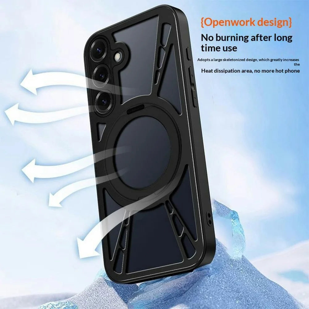 For Samsung Galaxy S26 Case Magnetic Kickstand Hollow Heat Dissipation Silicone + PC + Metal Bumper Phone Cover - Black - 3