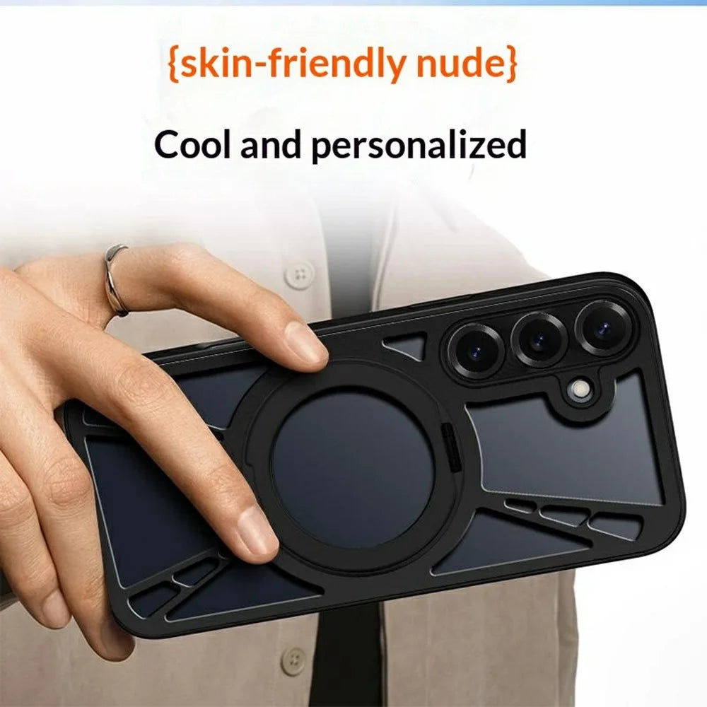 For Samsung Galaxy S26 Case Magnetic Kickstand Hollow Heat Dissipation Silicone + PC + Metal Bumper Phone Cover - Black - 4