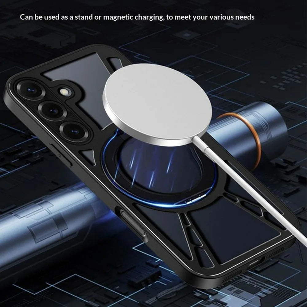 For Samsung Galaxy S26 Case Magnetic Kickstand Hollow Heat Dissipation Silicone + PC + Metal Bumper Phone Cover - Black - 6