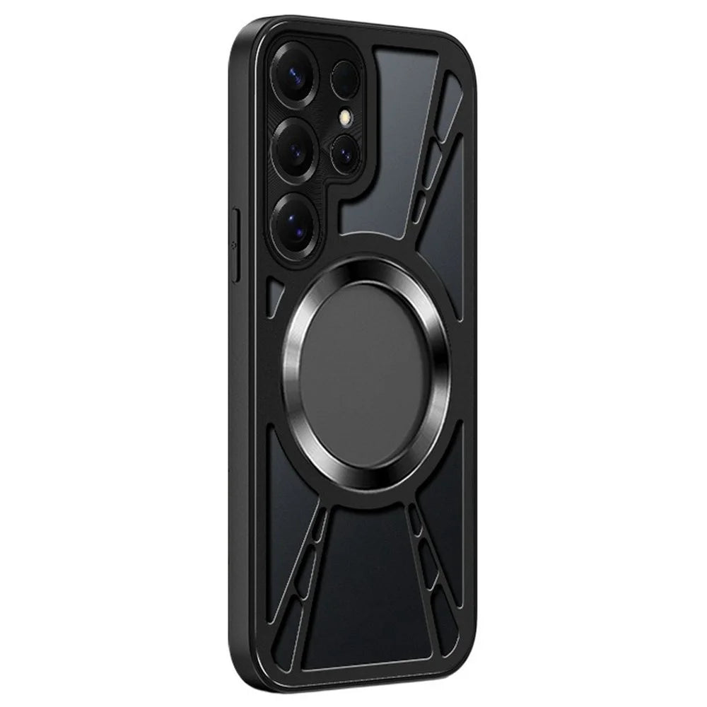 For Samsung Galaxy S26 Ultra Magnetic Case Hollow Heat Dissipation Silicone + PC + Metal Bumper Phone Cover - Black - 1