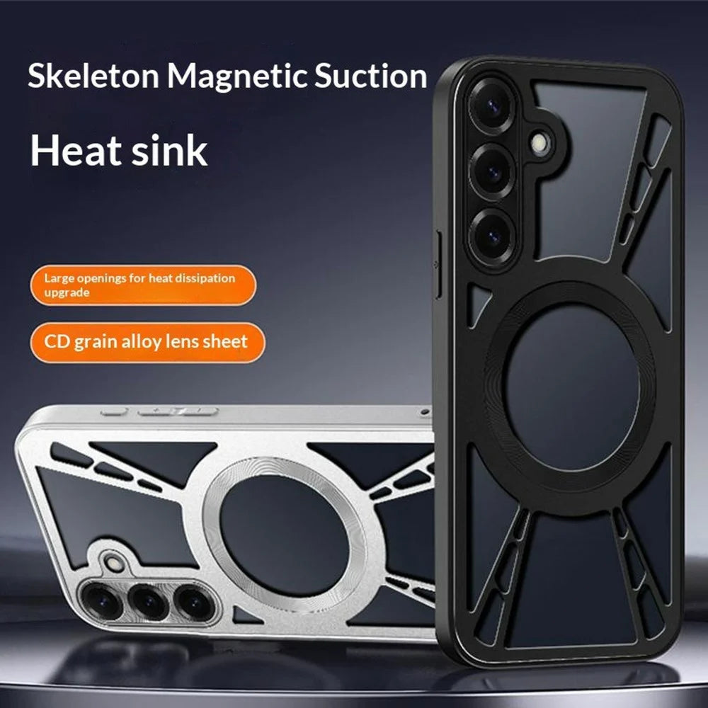For Samsung Galaxy S26+ Magnetic Case Hollow Heat Dissipation Silicone + PC + Metal Bumper Phone Cover - Black - 2