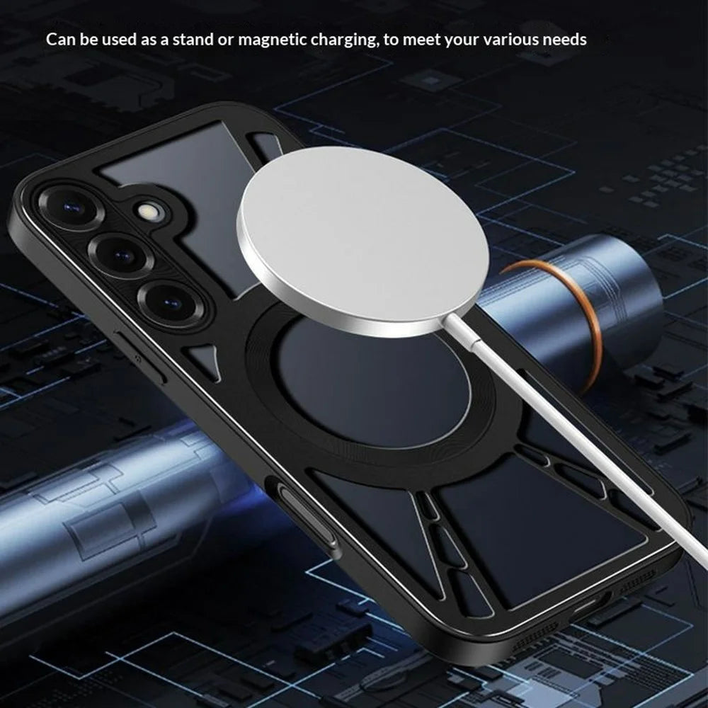 For Samsung Galaxy S26+ Magnetic Case Hollow Heat Dissipation Silicone + PC + Metal Bumper Phone Cover - Black - 5