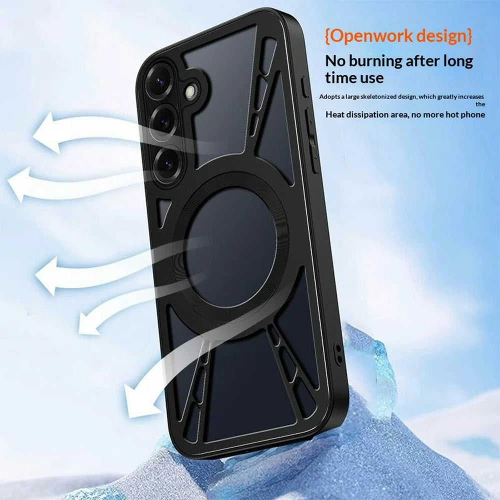 For Samsung Galaxy S26 Magnetic Case Hollow Heat Dissipation Silicone + PC + Metal Bumper Phone Cover - Black - 3