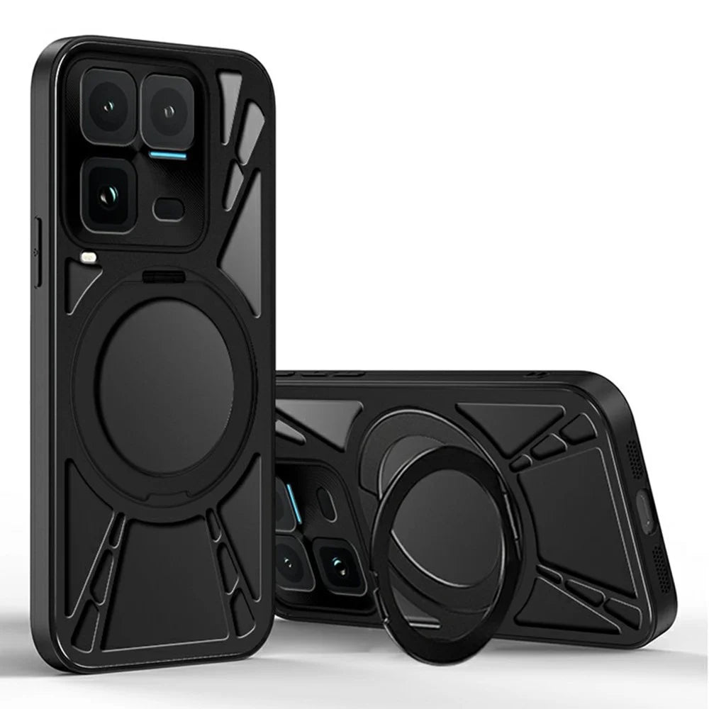 For vivo iQOO 15 Ultra 5G Case Magnetic Kickstand Hollow Heat Dissipation Silicone + PC + Metal Bumper Phone Cover - Black - 1