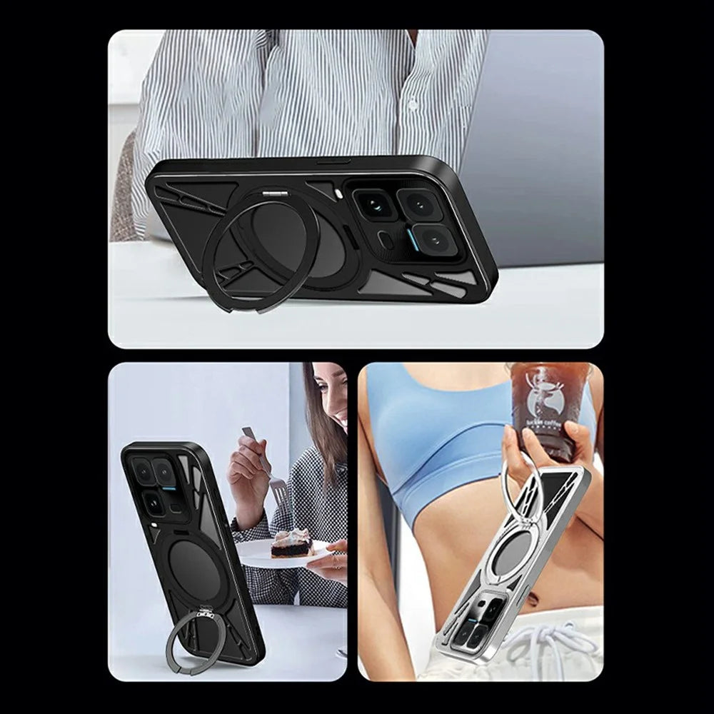 For vivo iQOO 15 Ultra 5G Case Magnetic Kickstand Hollow Heat Dissipation Silicone + PC + Metal Bumper Phone Cover - Black - 5