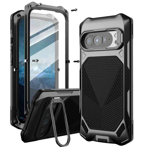 Magnetic Case For Google Pixel 10 Pro  /  10  /  9 Pro  /  9 Military Grade Shockproof Metal Silicone Cover with Lens Frame Kickstand - Black - 1