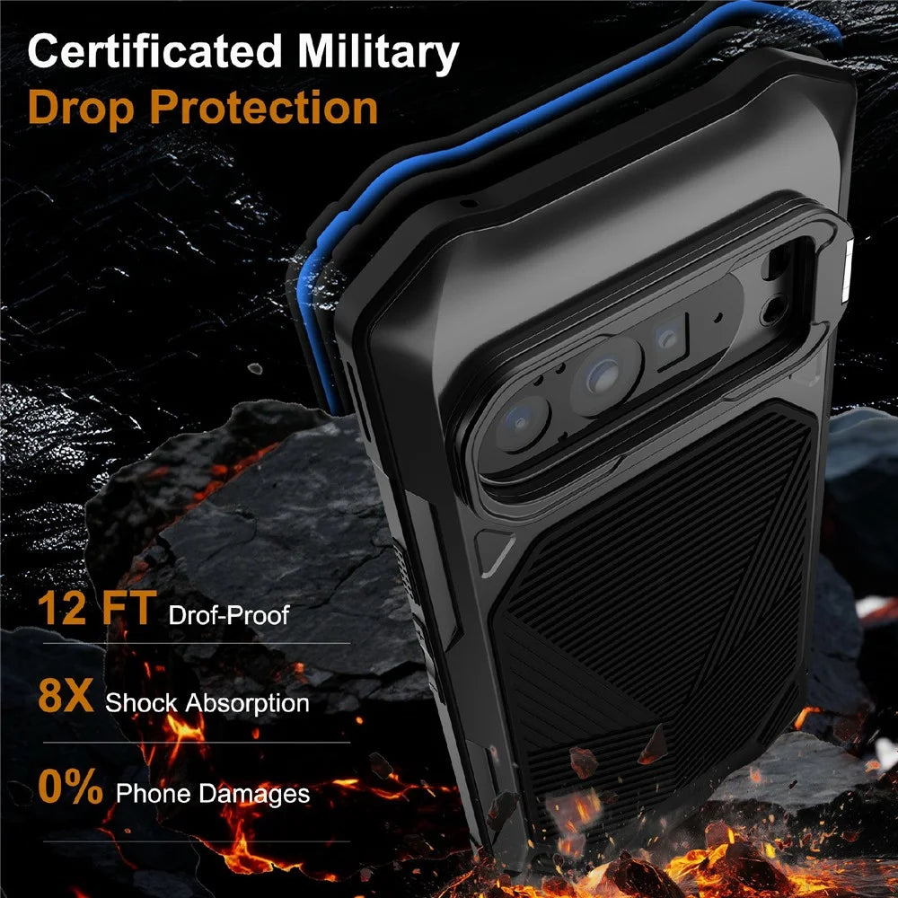 Magnetic Case For Google Pixel 10 Pro  /  10  /  9 Pro  /  9 Military Grade Shockproof Metal Silicone Cover with Lens Frame Kickstand - Black - 2