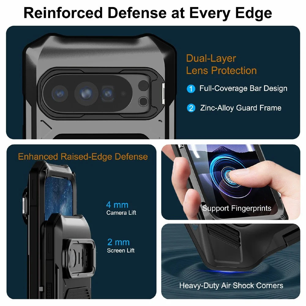 Magnetic Case For Google Pixel 10 Pro  /  10  /  9 Pro  /  9 Military Grade Shockproof Metal Silicone Cover with Lens Frame Kickstand - Black - 4