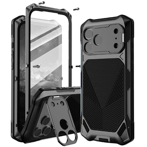 For iPhone 17 Pro Max Magnetic Case Military Grade Shockproof Metal Silicone Cover with Lens Frame Kickstand - Black - 1