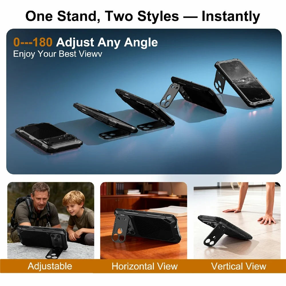 For iPhone 17 Pro Max Magnetic Case Military Grade Shockproof Metal Silicone Cover with Lens Frame Kickstand - Black - 3