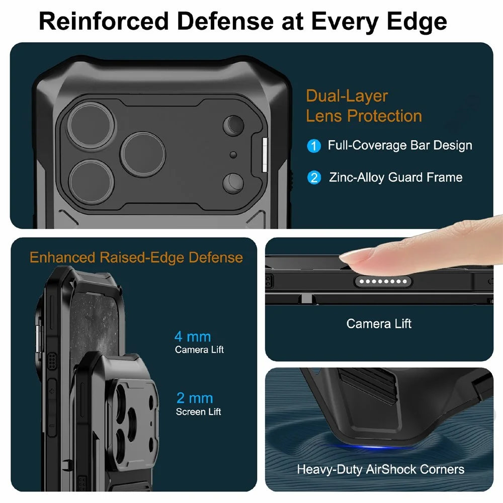 For iPhone 17 Pro Max Magnetic Case Military Grade Shockproof Metal Silicone Cover with Lens Frame Kickstand - Black - 4