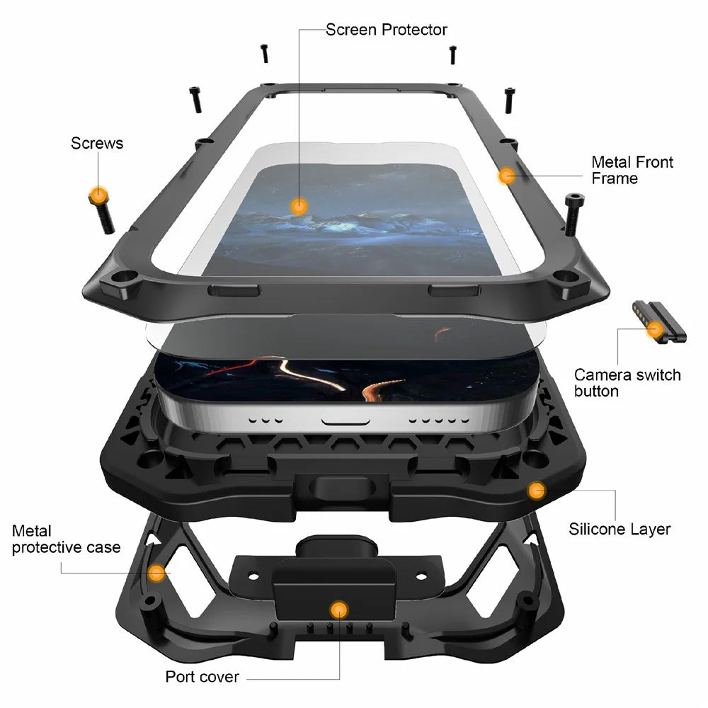 For iPhone 17 Pro Max Magnetic Case Military Grade Shockproof Metal Silicone Cover with Lens Frame Kickstand - Black - 6