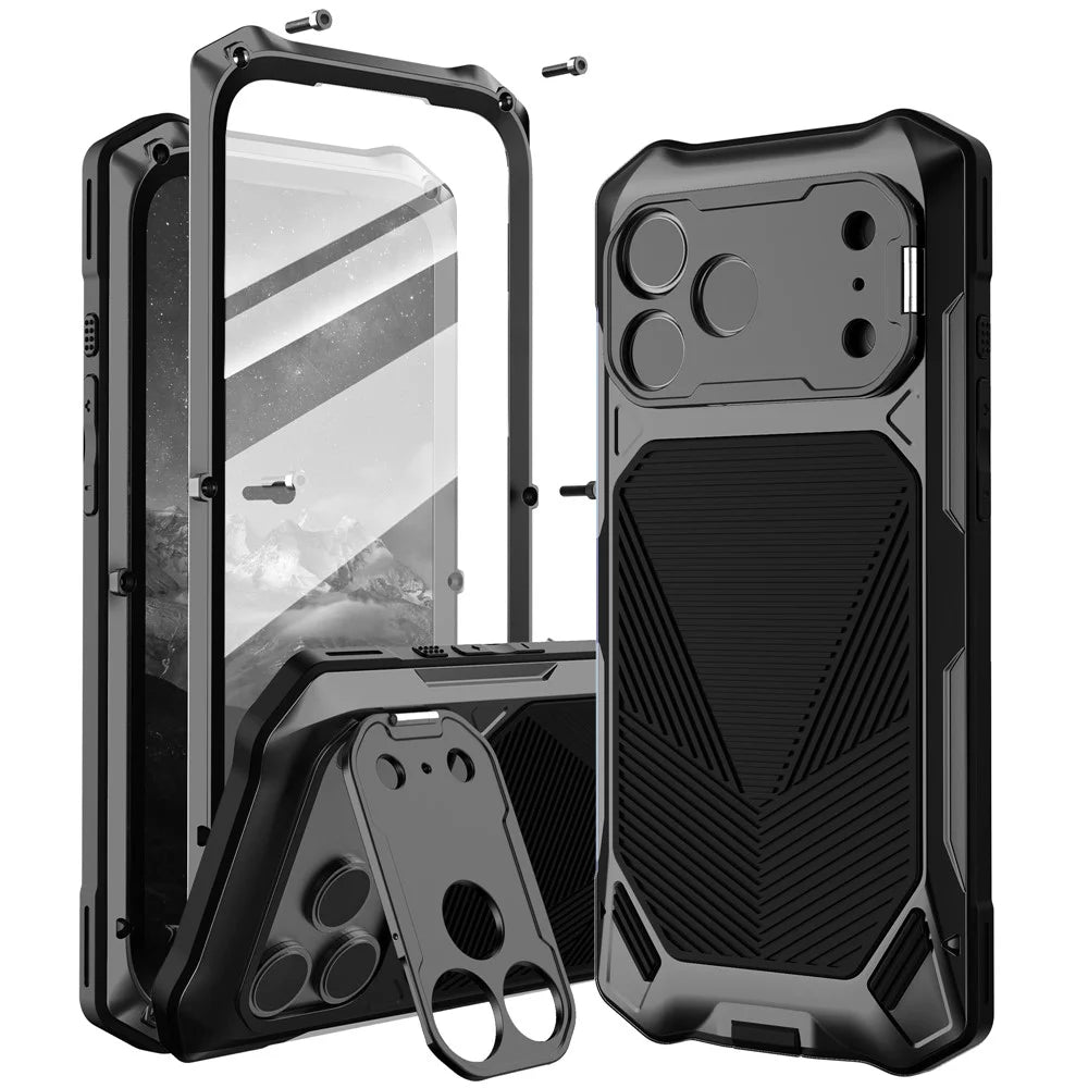 For iPhone 17 Pro Magnetic Case Military Grade Shockproof Metal Silicone Cover with Lens Frame Kickstand - Black - 1