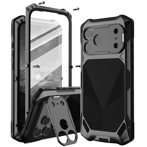 For iPhone 17 Pro Magnetic Case Military Grade Shockproof Metal Silicone Cover with Lens Frame Kickstand - Black - 1