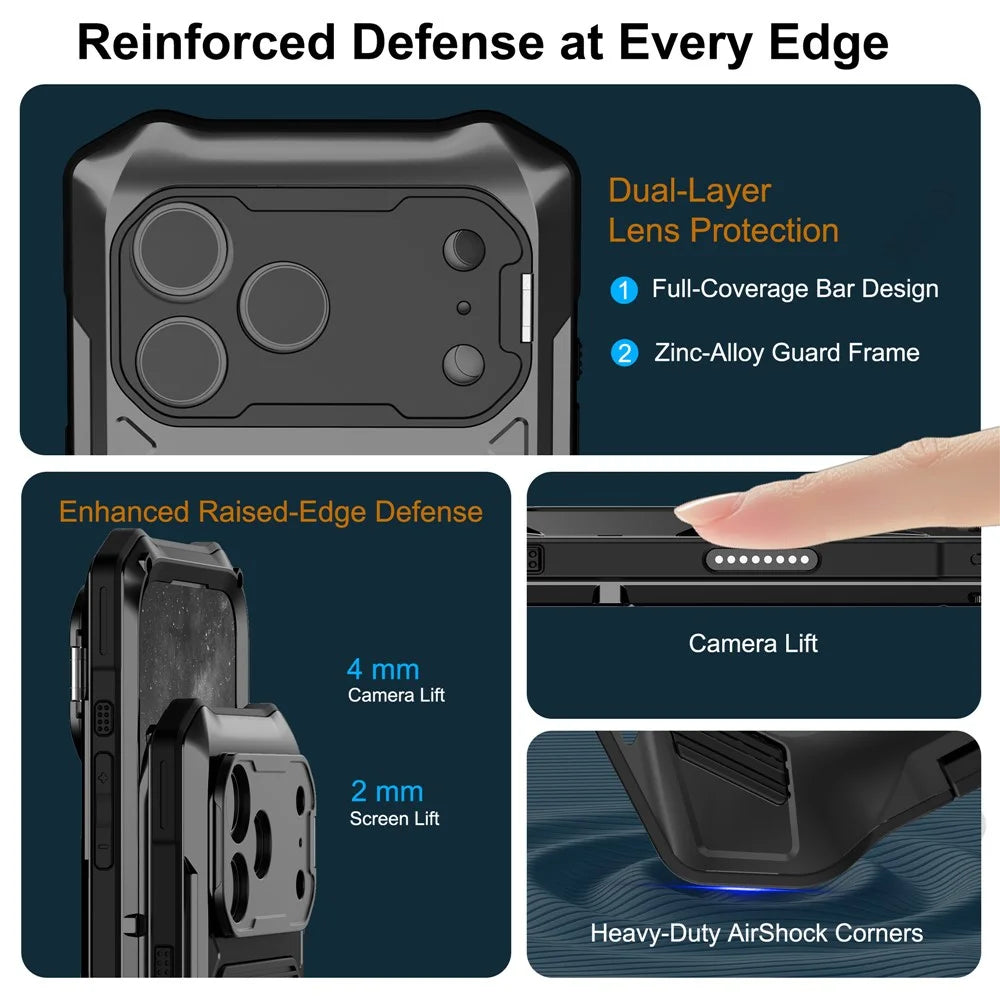 For iPhone 17 Pro Magnetic Case Military Grade Shockproof Metal Silicone Cover with Lens Frame Kickstand - Black - 3