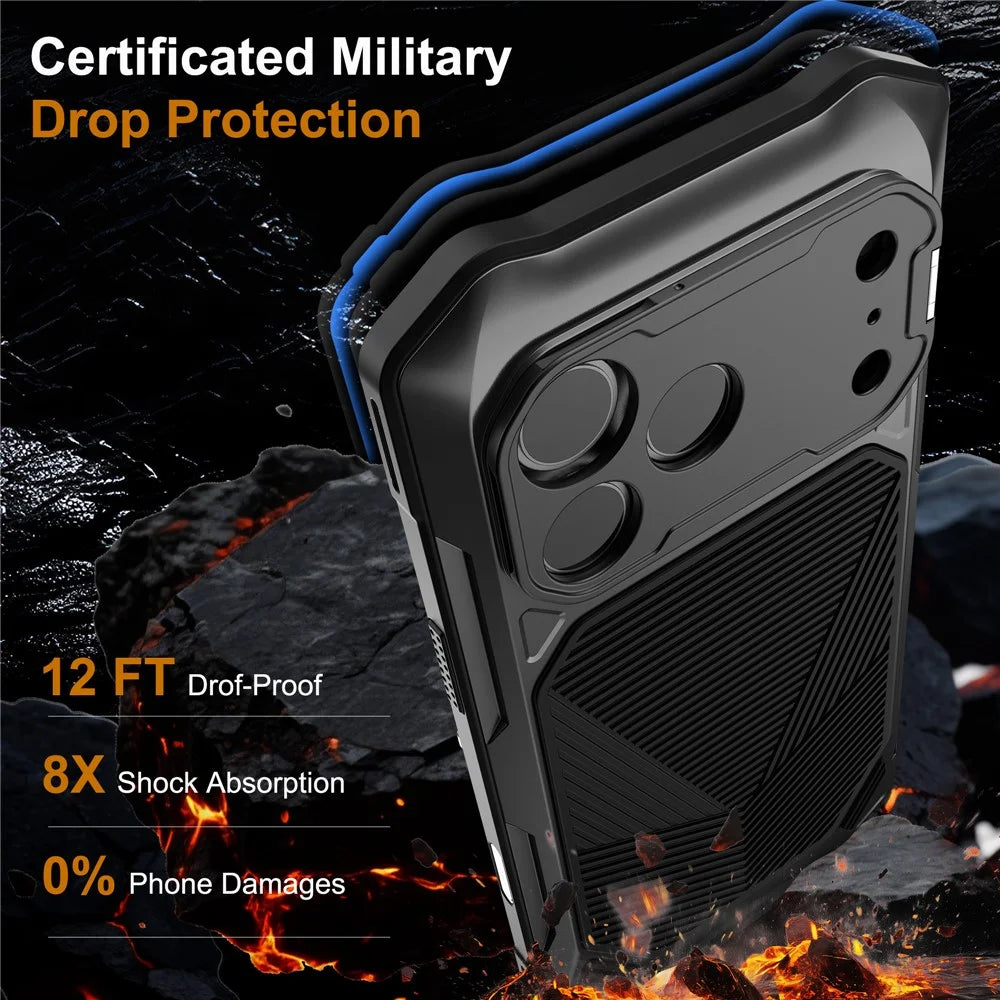 For iPhone 17 Pro Magnetic Case Military Grade Shockproof Metal Silicone Cover with Lens Frame Kickstand - Black - 7