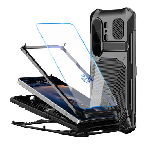 For Samsung Galaxy S26 Ultra Magnetic Case Kickstand Military Grade Shockproof Metal Silicone Armor Cover with Tempered Glass Screen Protector  - Black - 1