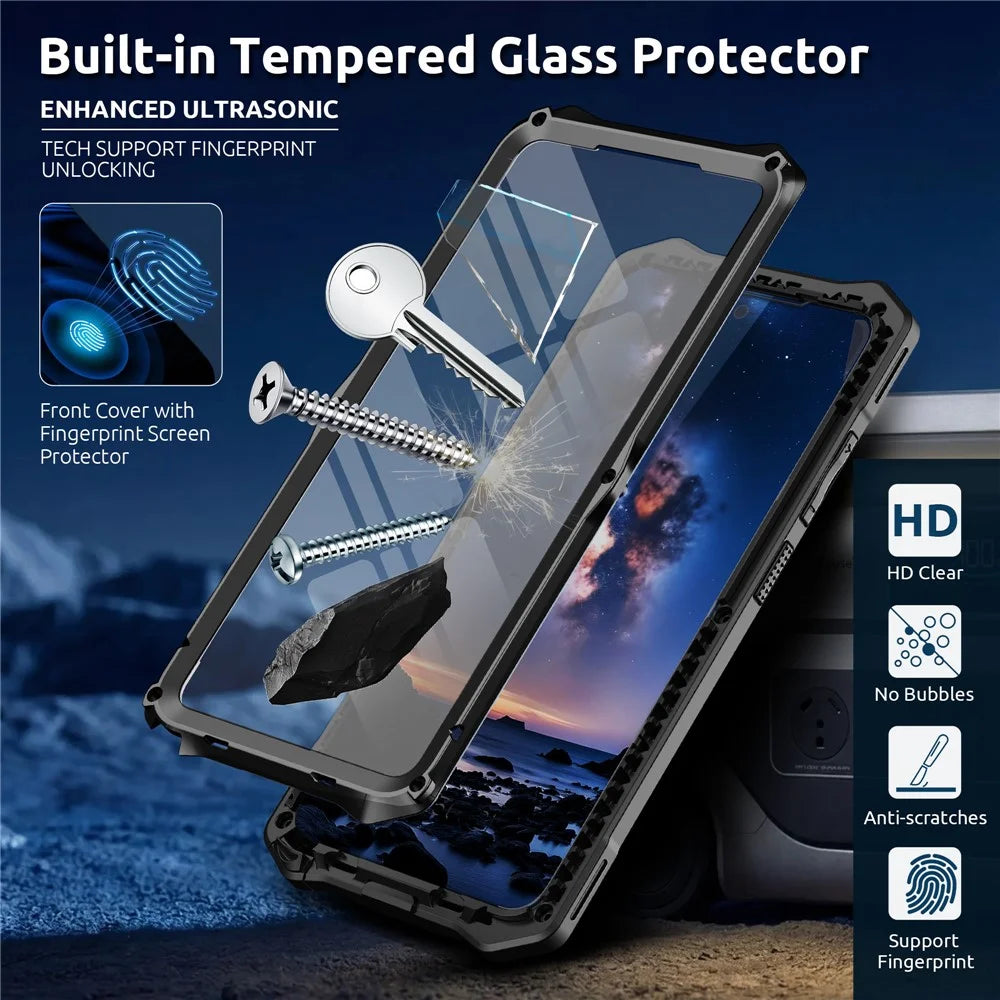 For Samsung Galaxy S26 Ultra Magnetic Case Kickstand Military Grade Shockproof Metal Silicone Armor Cover with Tempered Glass Screen Protector  - Black - 2