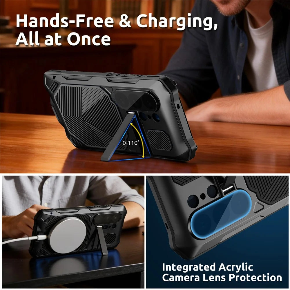 For Samsung Galaxy S26 Ultra Magnetic Case Kickstand Military Grade Shockproof Metal Silicone Armor Cover with Tempered Glass Screen Protector  - Black - 3