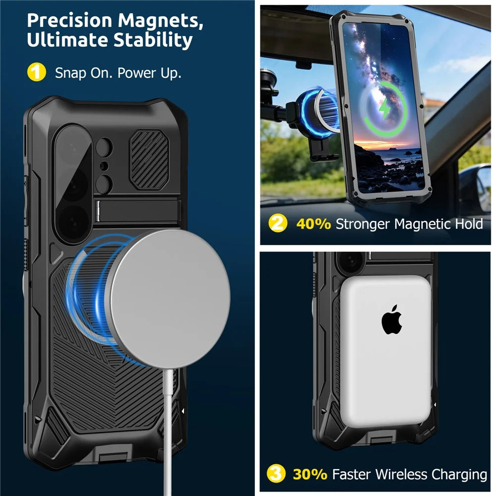 For Samsung Galaxy S26 Ultra Magnetic Case Kickstand Military Grade Shockproof Metal Silicone Armor Cover with Tempered Glass Screen Protector  - Black - 4