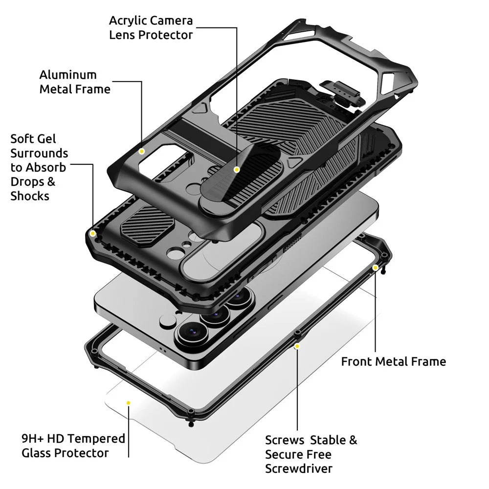 For Samsung Galaxy S26 Ultra Magnetic Case Kickstand Military Grade Shockproof Metal Silicone Armor Cover with Tempered Glass Screen Protector  - Black - 5