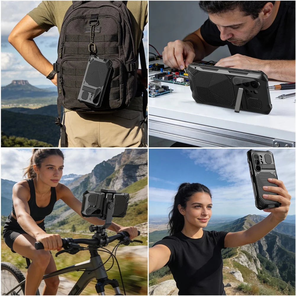 For Samsung Galaxy S26 Ultra Magnetic Case Kickstand Military Grade Shockproof Metal Silicone Armor Cover with Tempered Glass Screen Protector  - Black - 6