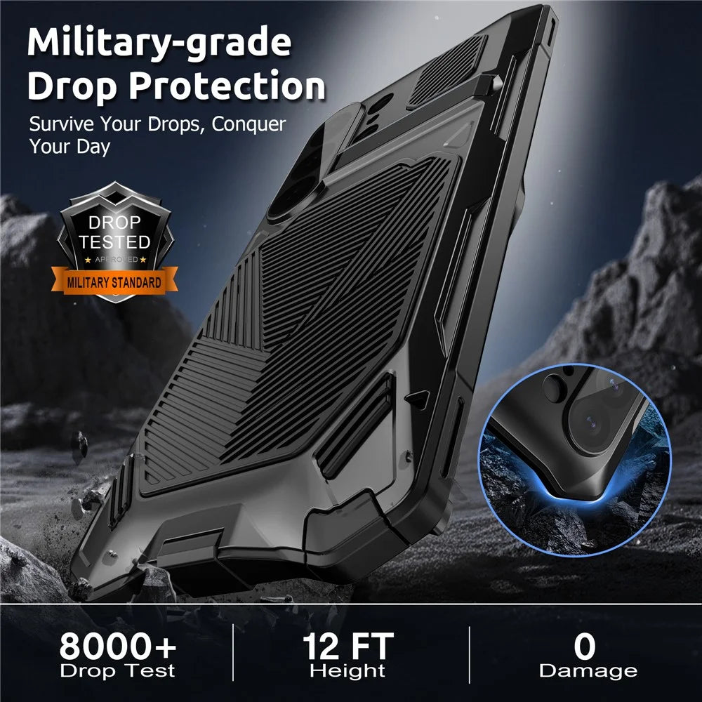For Samsung Galaxy S26 Ultra Magnetic Case Kickstand Military Grade Shockproof Metal Silicone Armor Cover with Tempered Glass Screen Protector  - Black - 7
