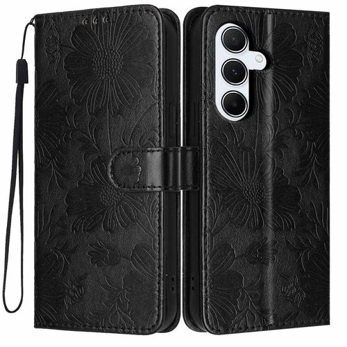 For Samsung Galaxy A27 5G Wallet Case Imprint Floral PU Leather Stand Flip Phone Cover with Wrist Strap - Black - 1