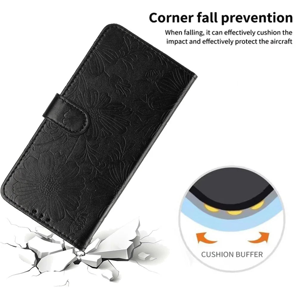 For Samsung Galaxy A27 5G Wallet Case Imprint Floral PU Leather Stand Flip Phone Cover with Wrist Strap - Black - 6