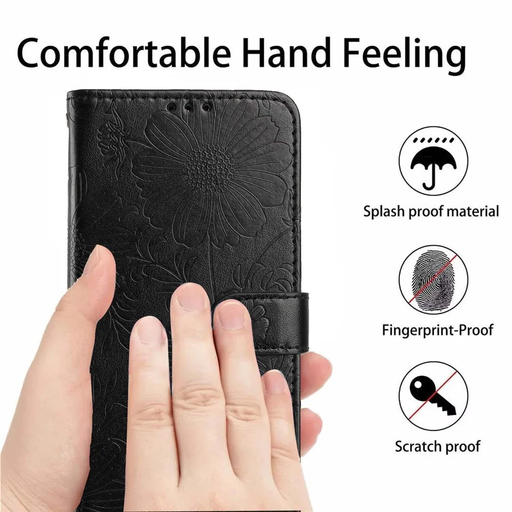 For Samsung Galaxy A27 5G Wallet Case Imprint Floral PU Leather Stand Flip Phone Cover with Wrist Strap - Black - 7
