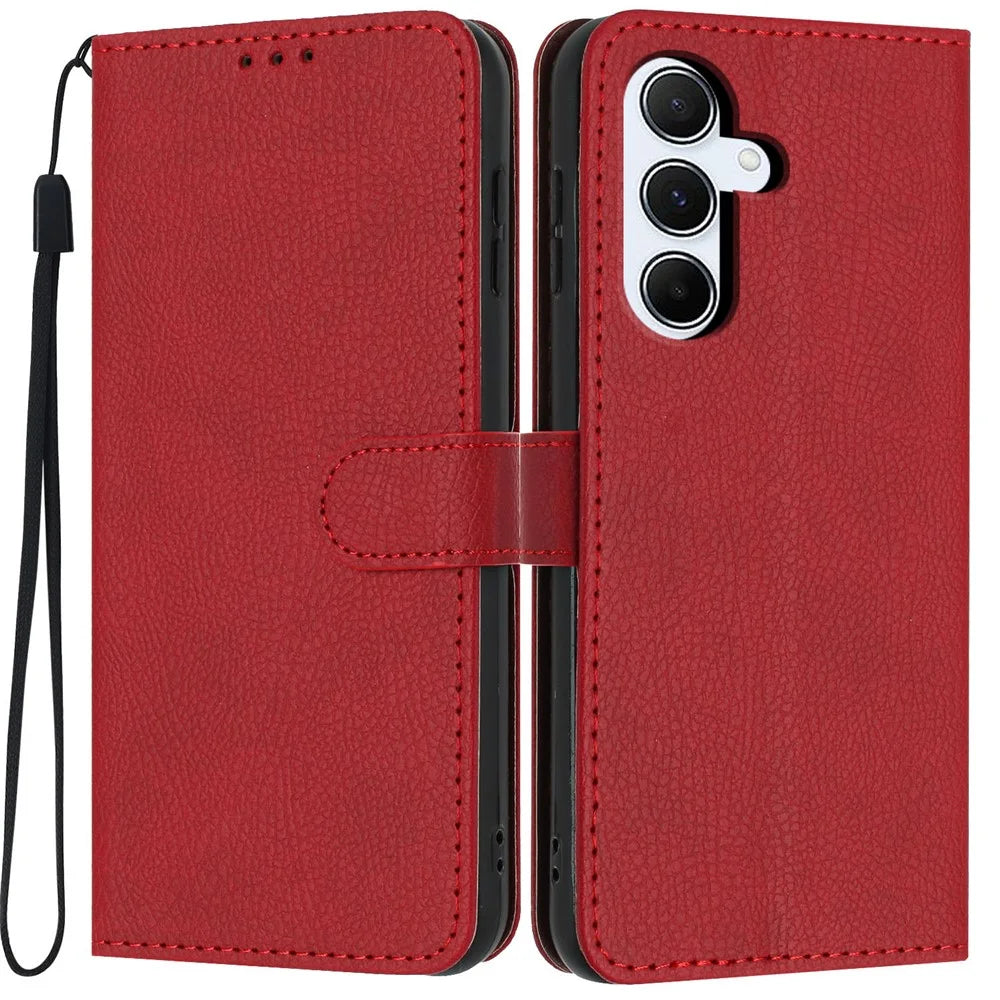 For Samsung Galaxy A27 5G Wallet Case Litchi Texture Leather Flip Cover with Card Slots and Hand Strap - Red - 1