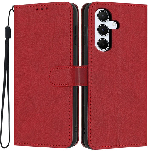 For Samsung Galaxy A27 5G Wallet Case Litchi Texture Leather Flip Cover with Card Slots and Hand Strap - Red - 1