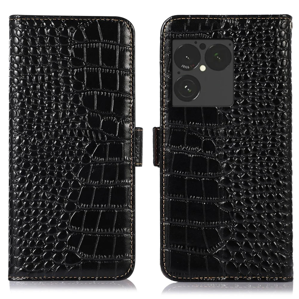 For Sony Xperia 1 VIII Case RFID Blocking Wallet Crocodile Texture Genuine Cow Leather Phone Cover - Black - 1