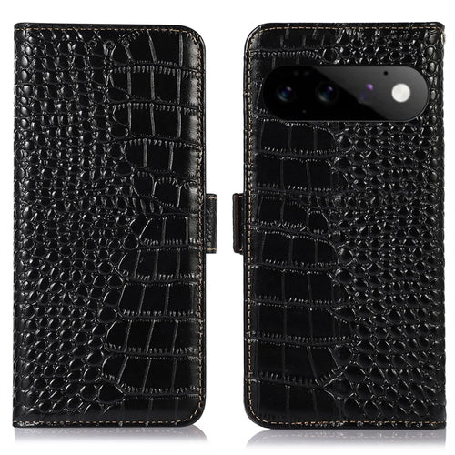 For Google Pixel 11 Pro Case RFID Blocking Wallet Crocodile Texture Genuine Cow Leather Phone Cover - Black - 1